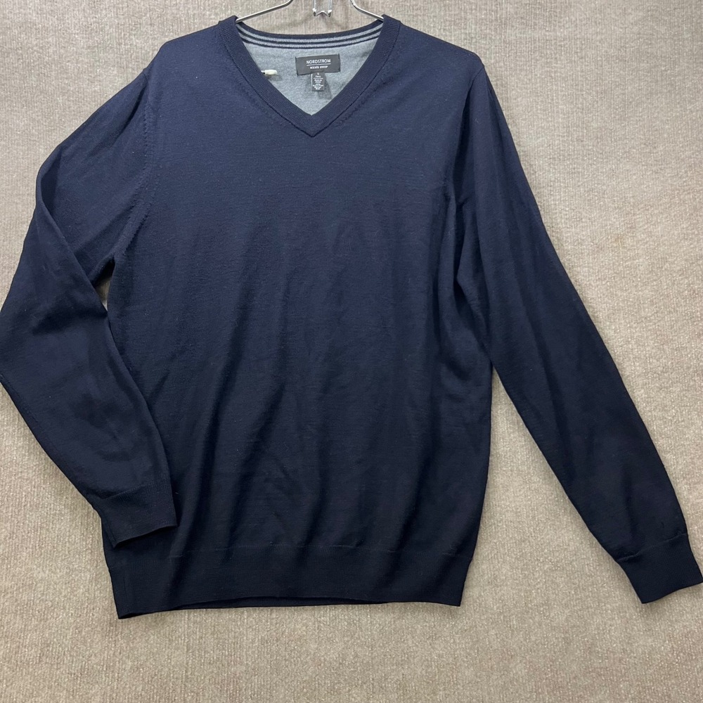 Nordstrom Men's Shop V-Neck Sweater L Tall Navy Blue 100% Extra Fine Merino Wool